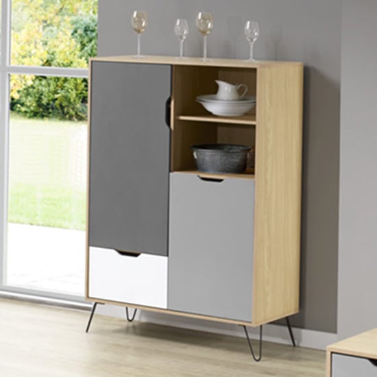 Product photograph of Baucom Oak Effect Tall Sideboard In White And Grey from Furniture in Fashion