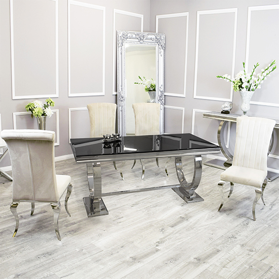 Product photograph of Alto Black Glass Dining Table With 8 North Cream Chairs from Furniture in Fashion