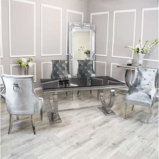 Product photograph of Alto Black Glass Dining Table With 8 Dessel Pewter Chairs from Furniture in Fashion