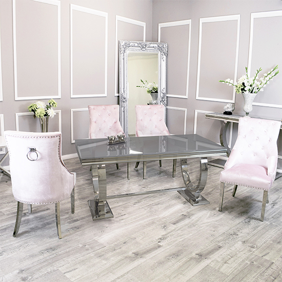 Product photograph of Alto Grey Glass Dining Table With 8 Dessel Pink Chairs from Furniture in Fashion