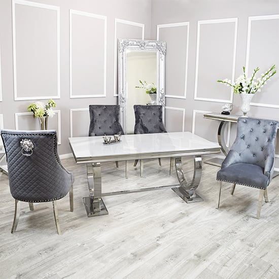 Product photograph of Alto White Glass Dining Table With 8 Benton Dark Grey Chairs from Furniture in Fashion