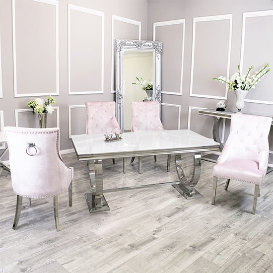 Product photograph of Alto White Glass Dining Table With 8 Dessel Pink Chairs from Furniture in Fashion