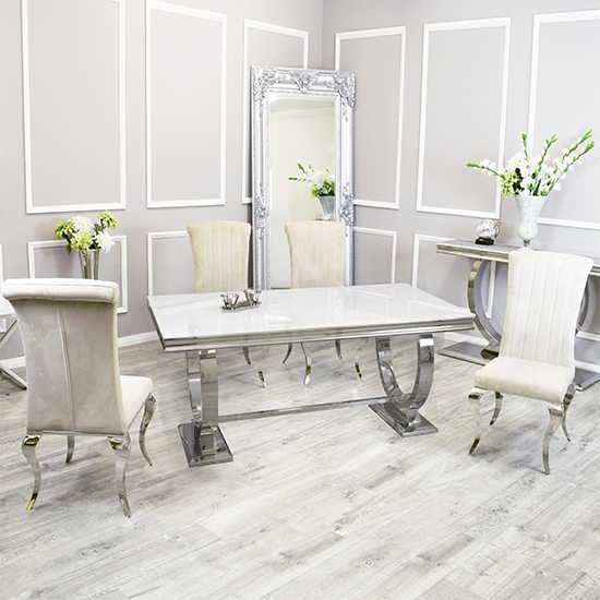Product photograph of Alto White Glass Dining Table With 8 North Cream Chairs from Furniture in Fashion