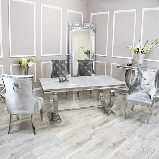 Product photograph of Alto White Glass Dining Table With 8 Dessel Pewter Chairs from Furniture in Fashion