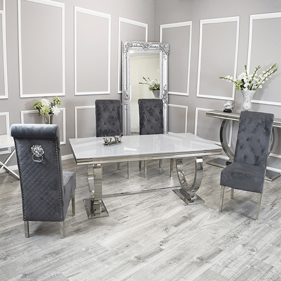 Product photograph of Alto White Glass Dining Table With 8 Elmira Dark Grey Chairs from Furniture in Fashion