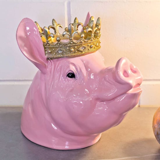 Product photograph of Alton Resin Crown Pig Bust Sculpture In Pink And Gold from Furniture in Fashion