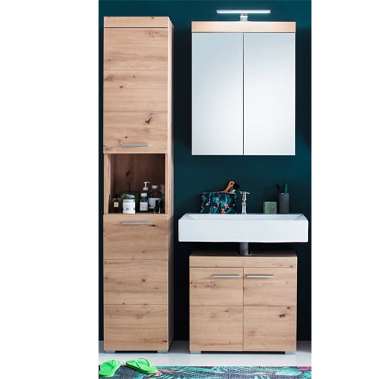 View Amanda bathroom vanity and storage with led mirror in knotty oak