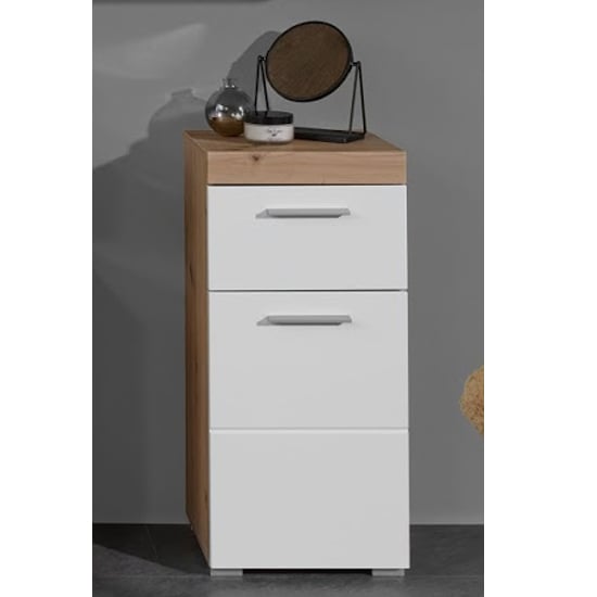 Product photograph of Amanda Small Storage Cabinet In White Gloss And Knotty Oak from Furniture in Fashion