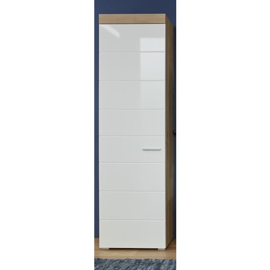 Photo of Amanda tall storage cabinet in white high gloss and knotty oak