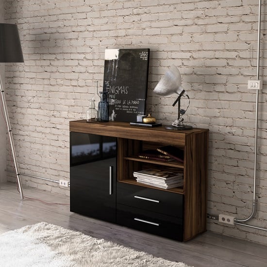 Product photograph of Amerax Wooden Sideboard In Walnut And Black Gloss With 1 Door from Furniture in Fashion