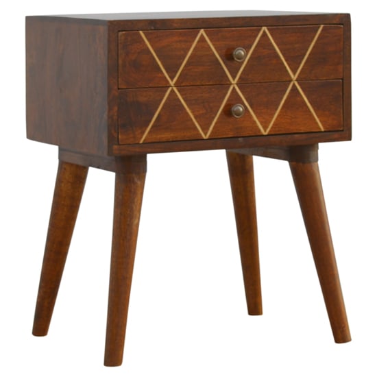 Photo of Amish wooden brass inlay bedside cabinet in chestnut 2 drawers