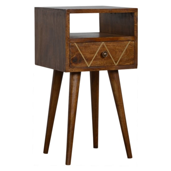 Photo of Amish wooden petite brass inlay bedside cabinet in chestnut