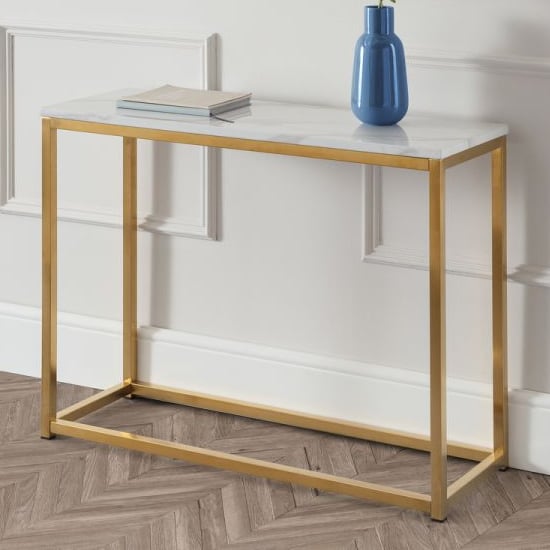 Read more about Sable gloss white marble effect console table and gold frame