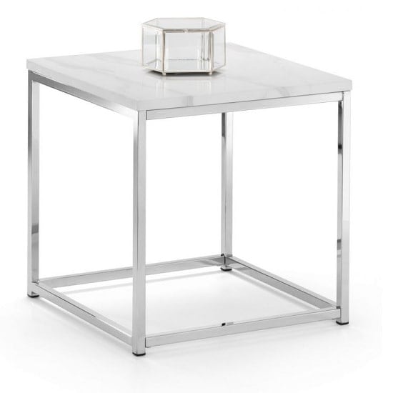 Read more about Sable gloss white marble effect lamp table with steel frame