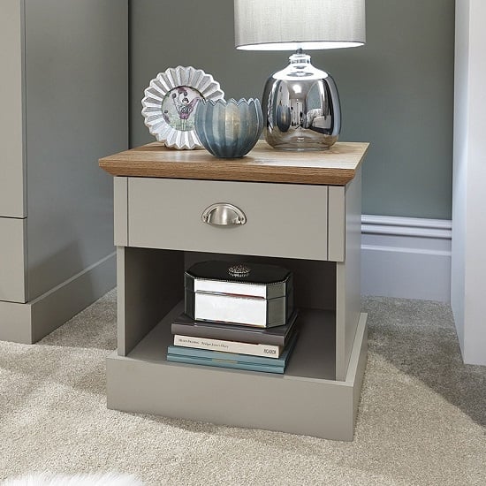 Product photograph of Kirkby Bedside Table In Soft Grey With Oak Effect Top from Furniture in Fashion