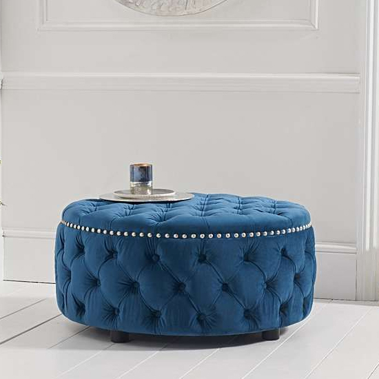 Nesta Round Velvet Upholstered Footstool In Blue 