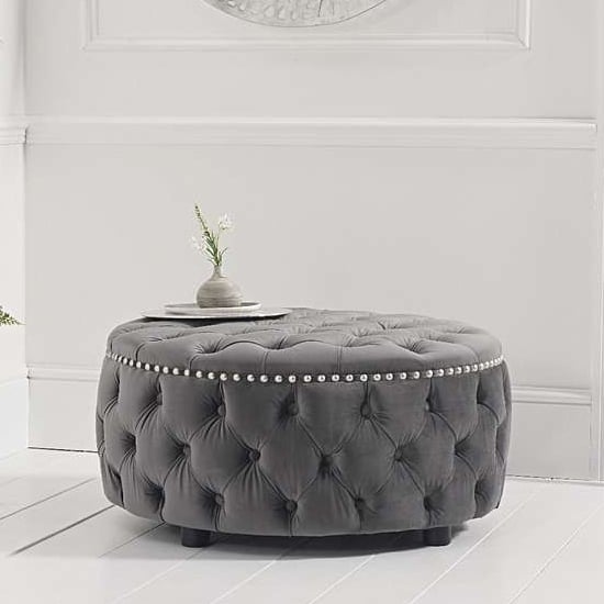 Nesta Round Velvet Upholstered Footstool In Grey | Furniture in Fashion