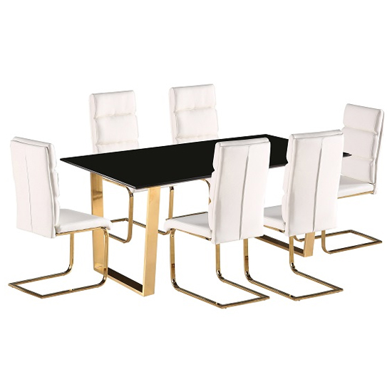 Read more about Antebi high gloss dining table in black with 6 white chairs