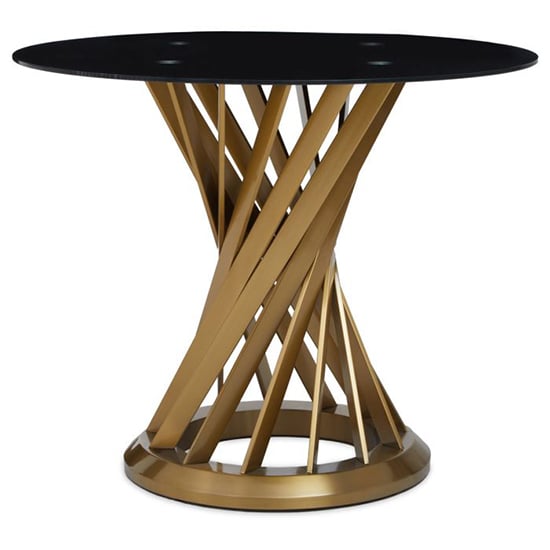 Product photograph of Anza Black Glass Top Dining Table With Gold Metal Base from Furniture in Fashion