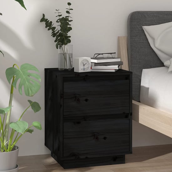 Photo of Aoife pine wood bedside cabinet with 2 drawers in black