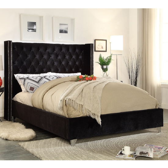 Photo of Apopka plush velvet upholstered single bed in black