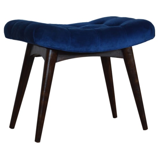 Read more about Aqua velvet curved hallway bench in royal blue and walnut