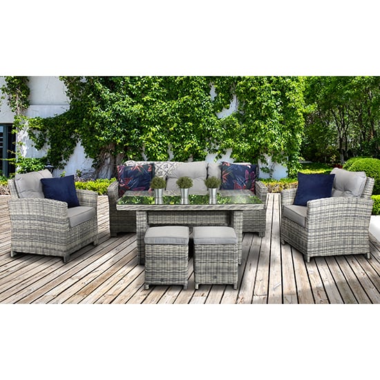 Product photograph of Arax Outdoor 7 Seater Sofa Dining Set With Stools In Fine Grey from Furniture in Fashion