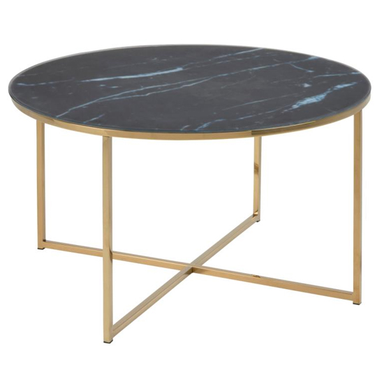 Product photograph of Arcata Black Marble Effect Glass Coffee Table With Gold Legs from Furniture in Fashion