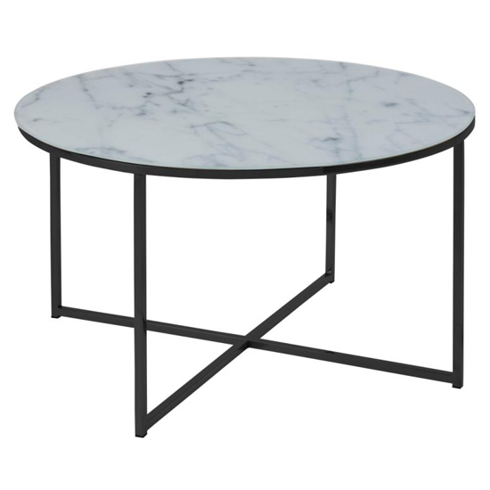 Product photograph of Arcata Clear Marble Effect Glass Coffee Table In White from Furniture in Fashion
