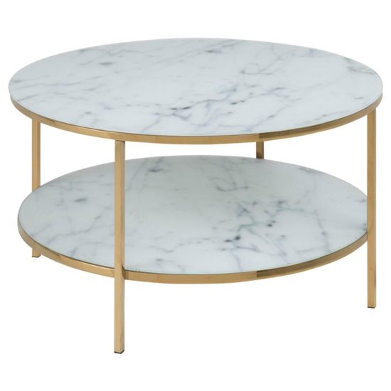 Product photograph of Arcata Marble Effect Glass Coffee Table In White With Gold Legs from Furniture in Fashion
