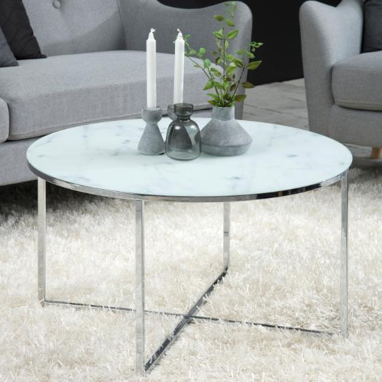 Product photograph of Arcata White Marble Effect Glass Coffee Table With Chrome Legs from Furniture in Fashion