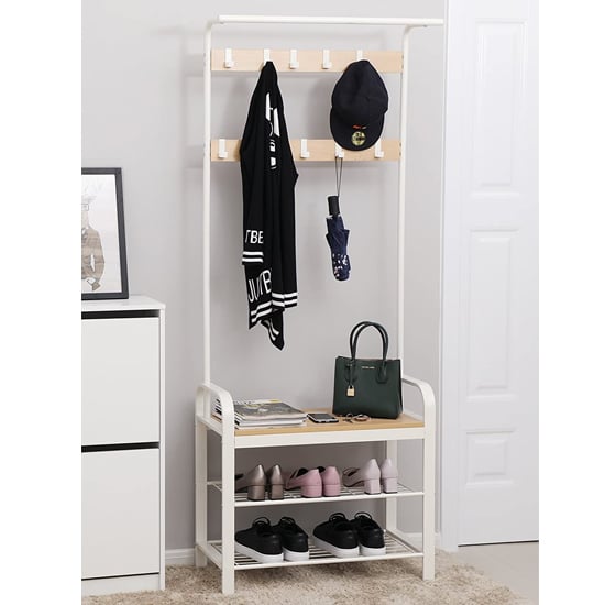 Ardmore Wooden Coat Rack With Shoe Storage Bench In White Sale