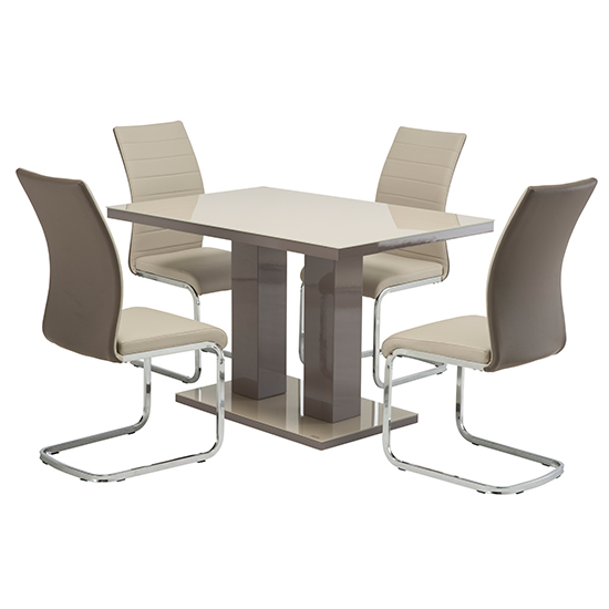 Photo of Aarina latte gloss dining table with 4 joster taupe chairs