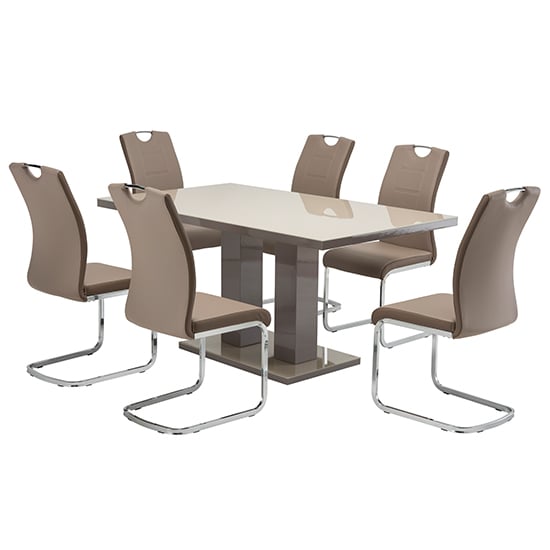 Aarina Latte Gloss Dining Table With 6 Joster Taupe Chairs | FiF