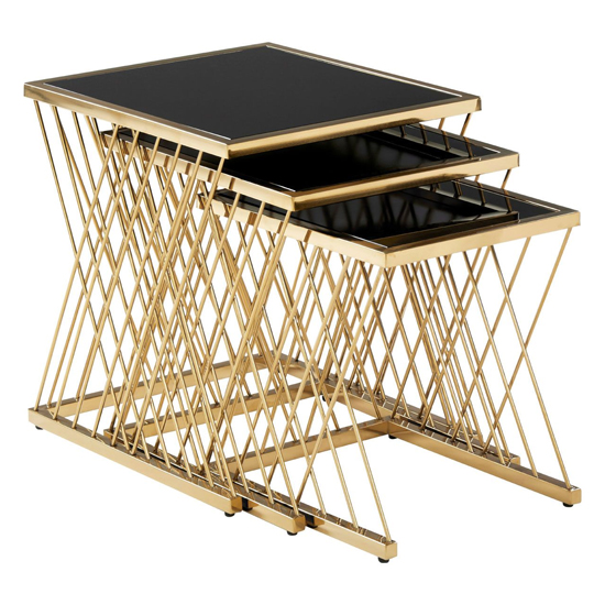 Photo of Arezza black glass top nest of 3 tables with gold steel frame