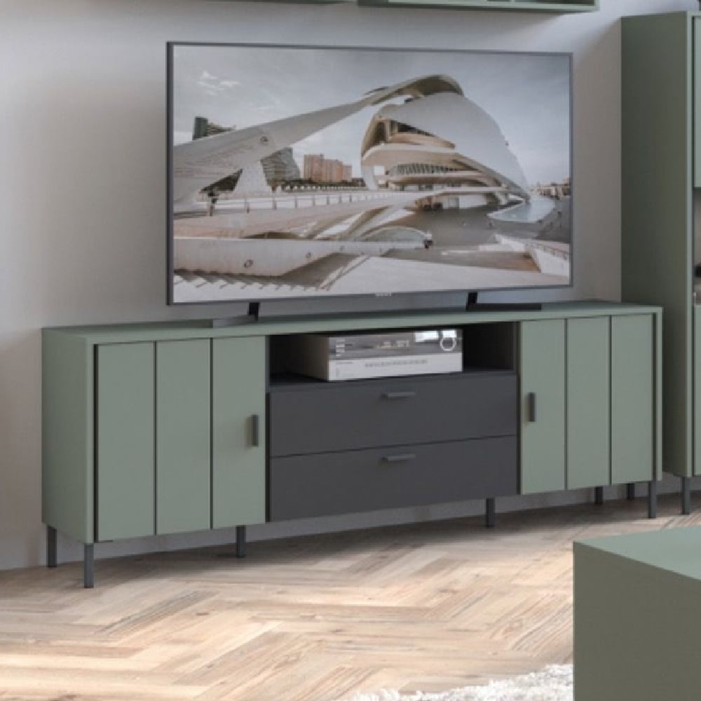 arthur wooden large tv stand with 2 doors 2 drawers in green grey