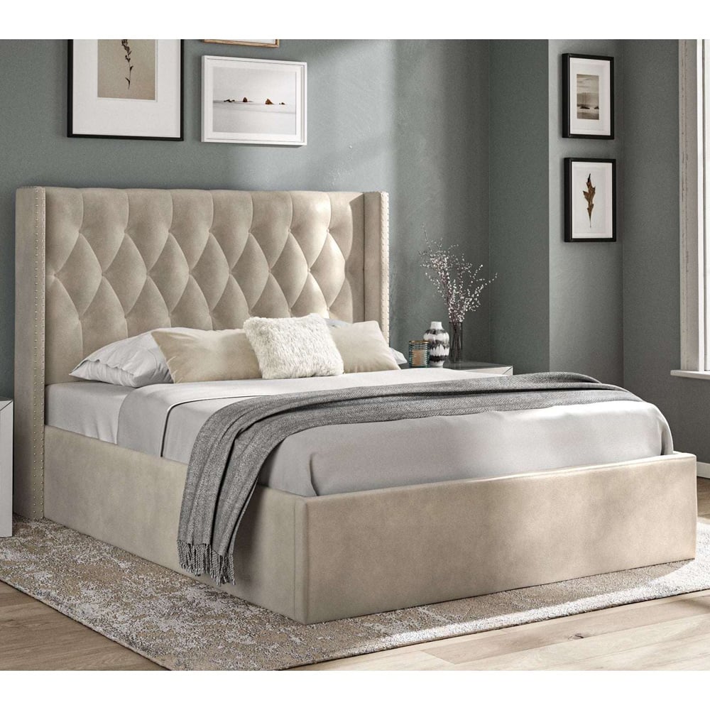 Product photograph of Arvada Fabric Storage Ottoman Double Bed In Beige from Furniture in Fashion