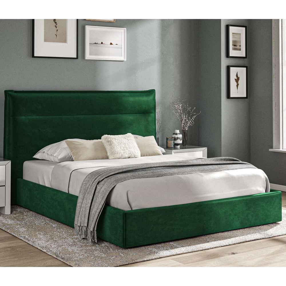 Product photograph of Arvada Velvet Storage Ottoman Double Bed In Green from Furniture in Fashion