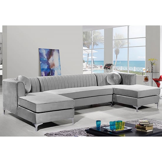 Product photograph of Asbury U-shape Plush Velvet Corner Sofa In Silver from Furniture in Fashion