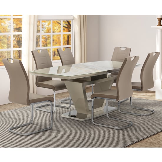 Read more about Aspin latte glass extending dining table with 6 chairs