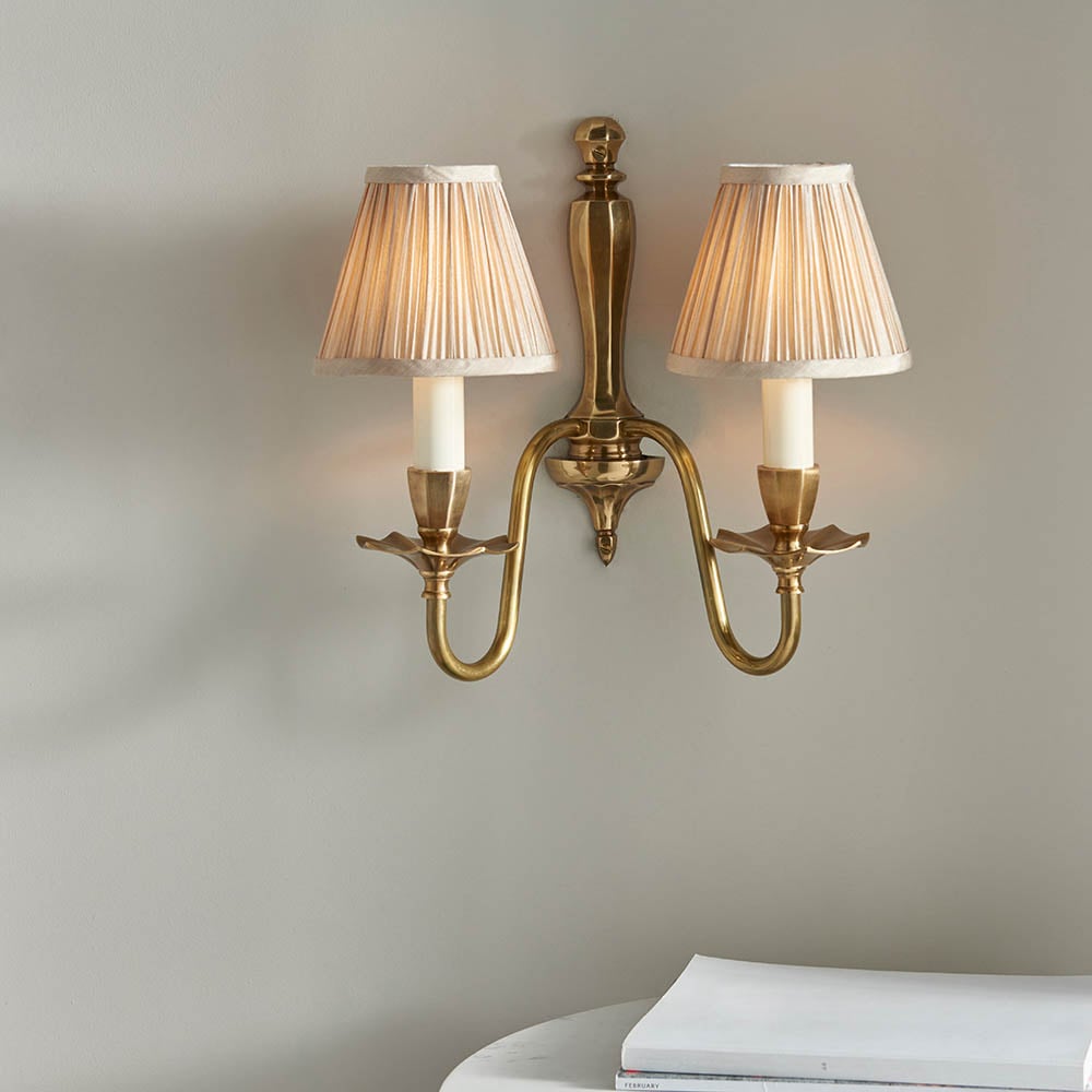 Product photograph of Asquith Twin Beige Fabric Shade Wall Light In Brass from Furniture in Fashion