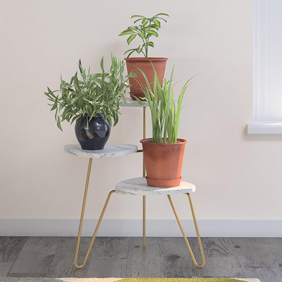 Product photograph of Athens Wooden Plant Stand In White Marble Effect from Furniture in Fashion