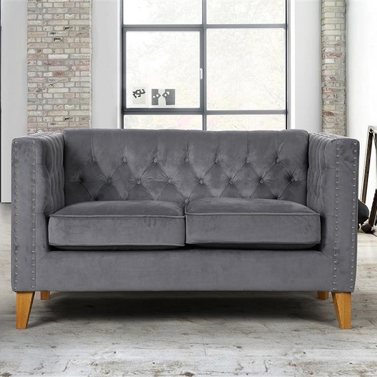 Atherton Fabric 2 Seater Sofa In Grey Velvet With Wooden Legs | FiF