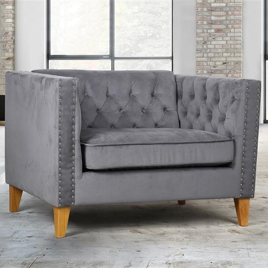 Product photograph of Atherton Fabric Sofa Chair In Grey Velvet With Wooden Legs from Furniture in Fashion