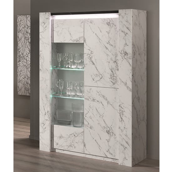 View Attoria led 2 door display cabinet black and white marble effect