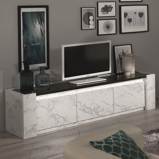 Attoria led large tv stand in white and black marble effect £519.95