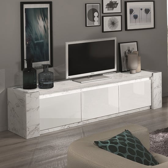 View Attoria led large wooden tv stand in white marble effect