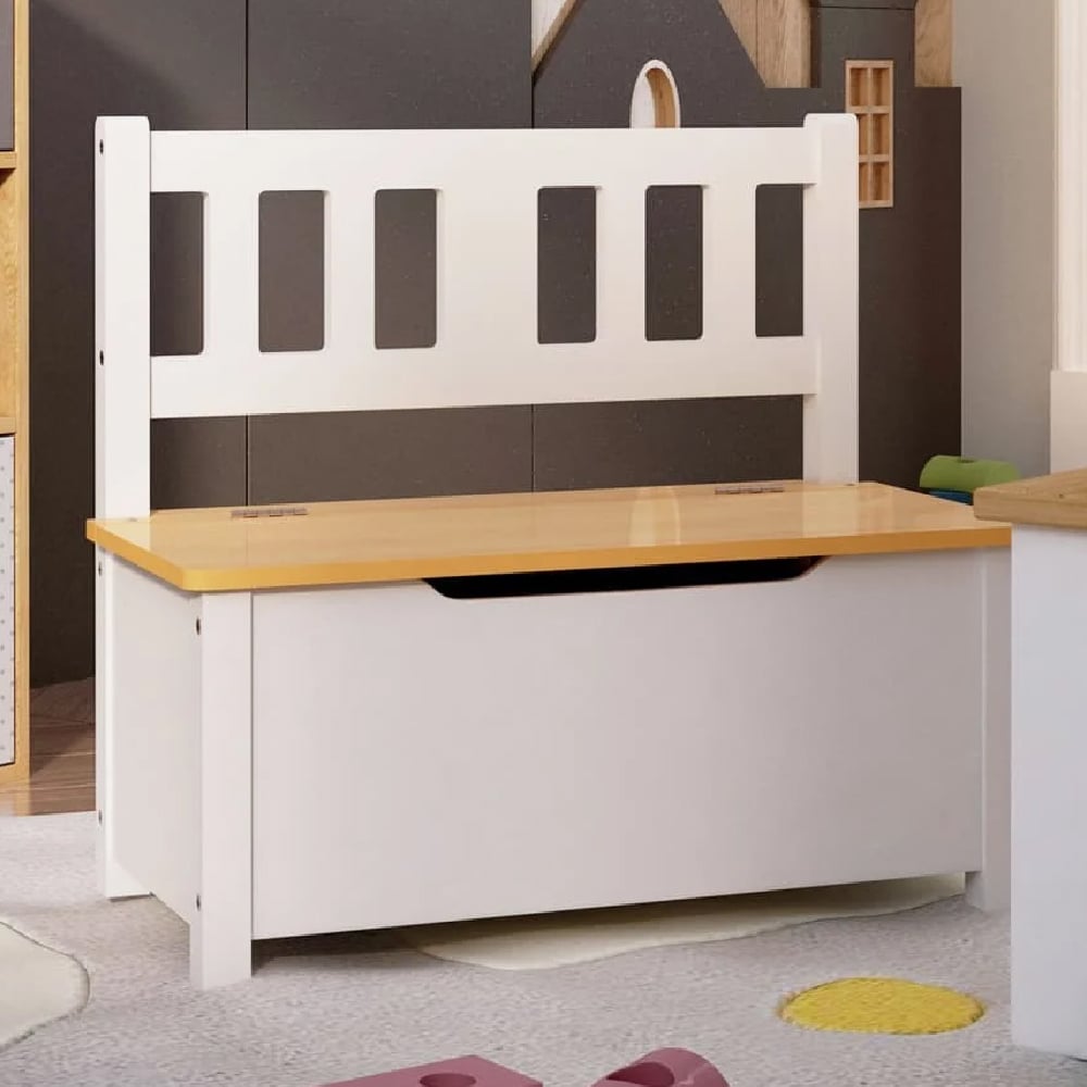 Read more about Atwater wooden children storage bench in white and beige