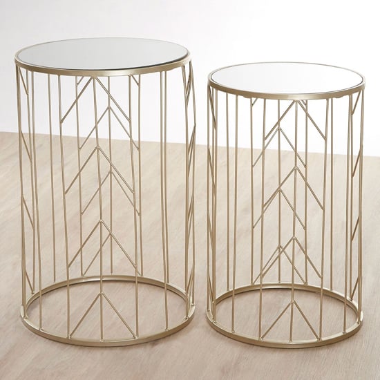 Read more about Avanto round glass set of 2 side tables with arrow metal frame