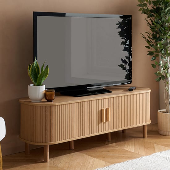 avenel fluted tv stand with 2 sliding doors in oak